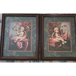 Vintage Home Interiors Pictures Signed D Giacomo Angel Cherub Set 16"x 13"